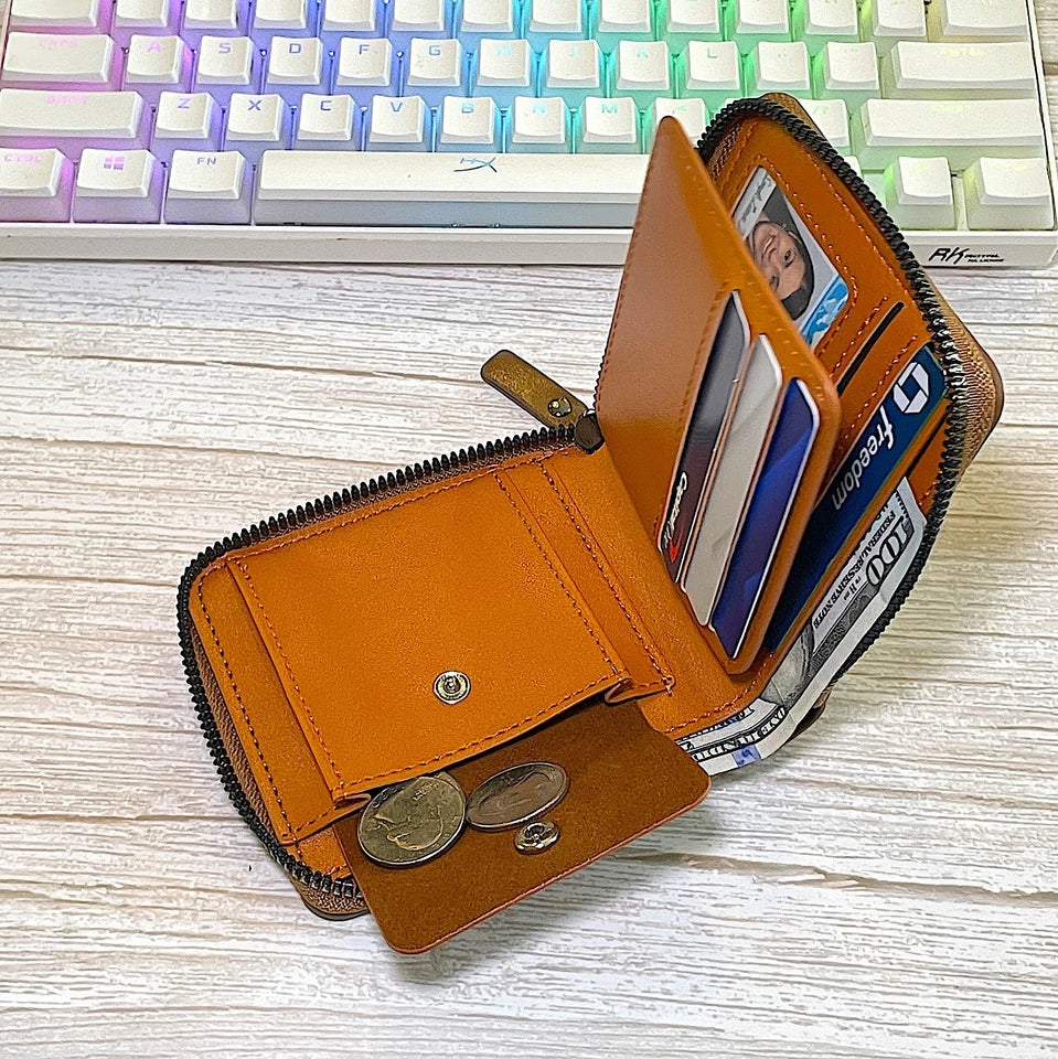 Men's Leather RFID Blocking Waterproof Zip-Around Wallet Bifold Card Holder
